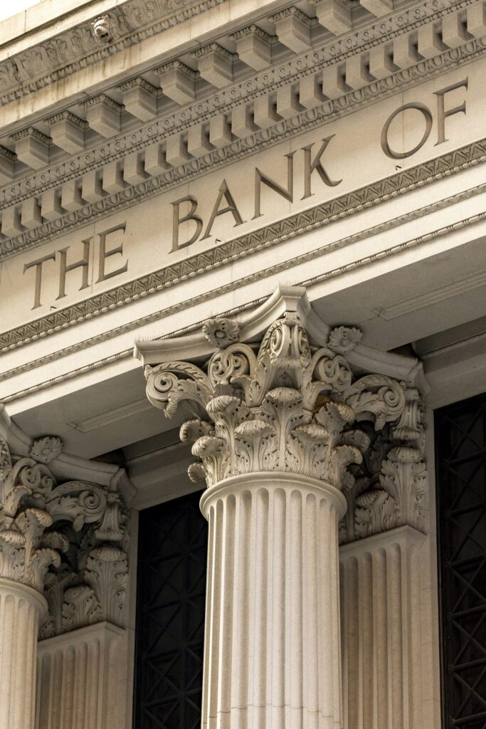 Bank building facade with classical columns